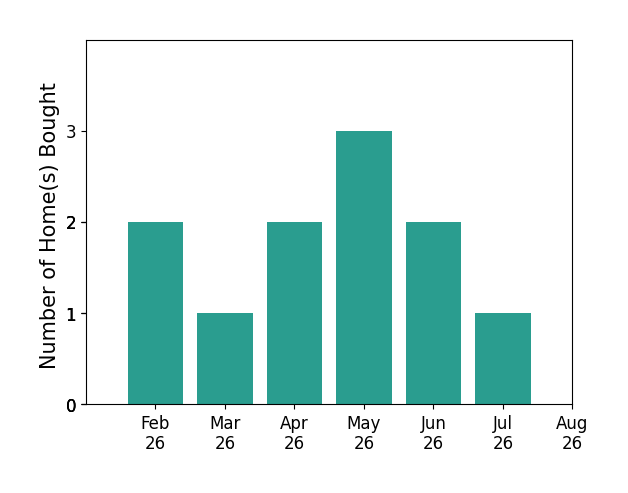 Michele Johnston helped buy 2 homes in February 2026, 1 home in March 2026, 2 homes in April 2026, 3 homes in May 2026, 2 homes in June 2026, 1 home in July 2026, for a total of 11 homes.