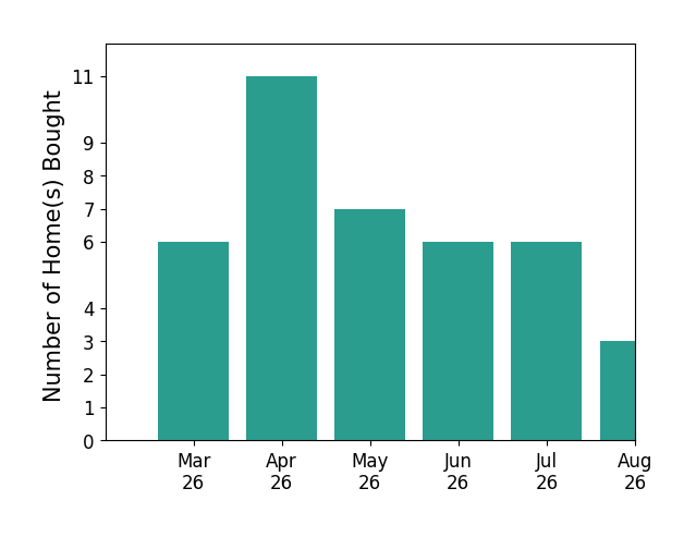 Daan De Raedt helped buy 6 homes in March 2026, 11 homes in April 2026, 7 homes in May 2026, 6 homes in June 2026, 3 homes in July 2026, for a total of 33 homes.