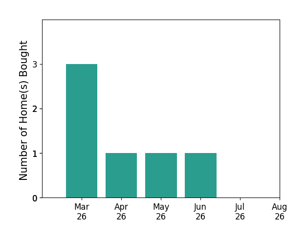 Bea Adem helped buy 3 homes in March 2026, 1 home in April 2026, 1 home in May 2026, 1 home in June 2026, for a total of 6 homes.