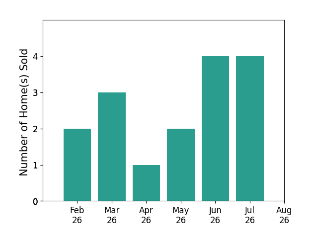 Patricia Scarlett sold 2 homes in February 2026, 3 homes in March 2026, 1 home in April 2026, 2 homes in May 2026, 4 homes in June 2026, 4 homes in July 2026, for a total of 16 homes.
