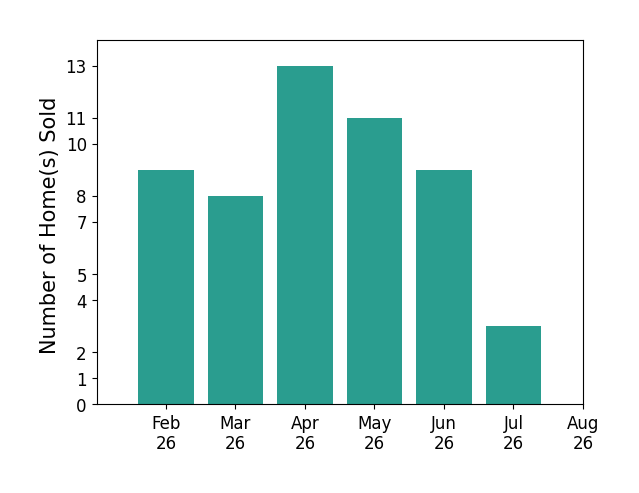 Amy McBride sold 9 homes in February 2026, 8 homes in March 2026, 13 homes in April 2026, 11 homes in May 2026, 9 homes in June 2026, 3 homes in July 2026, for a total of 53 homes.