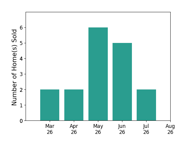 Ashley Kopecky sold 2 homes in March 2026, 2 homes in April 2026, 6 homes in May 2026, 5 homes in June 2026, 2 homes in July 2026, for a total of 17 homes.