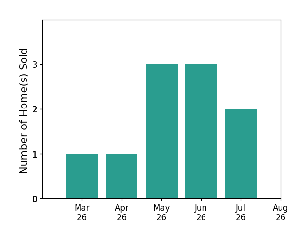 Alex Irmer sold 1 home in March 2026, 1 home in April 2026, 3 homes in May 2026, 3 homes in June 2026, 2 homes in July 2026, for a total of 10 homes.