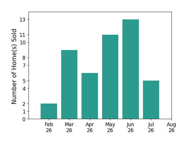 Steven Koleno sold 2 homes in February 2026, 9 homes in March 2026, 6 homes in April 2026, 11 homes in May 2026, 13 homes in June 2026, 5 homes in July 2026, for a total of 46 homes.