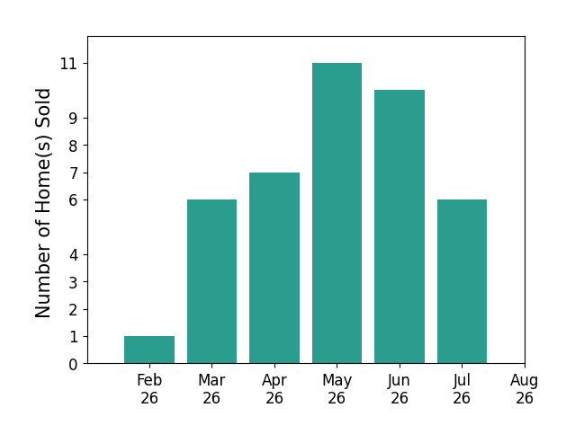 Joe Vaccaro sold 1 home in February 2026, 6 homes in March 2026, 7 homes in April 2026, 11 homes in May 2026, 10 homes in June 2026, 6 homes in July 2026, for a total of 41 homes.