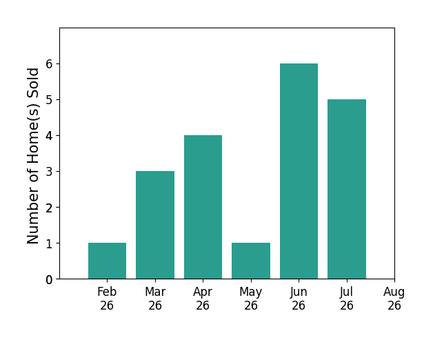 Kara Kirkbride sold 1 home in February 2026, 3 homes in March 2026, 4 homes in April 2026, 1 home in May 2026, 6 homes in June 2026, 5 homes in July 2026, for a total of 20 homes.