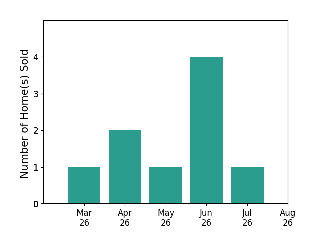 Eliza Conrad sold 1 home in March 2026, 2 homes in April 2026, 1 home in May 2026, 4 homes in June 2026, 1 home in July 2026, for a total of 9 homes.