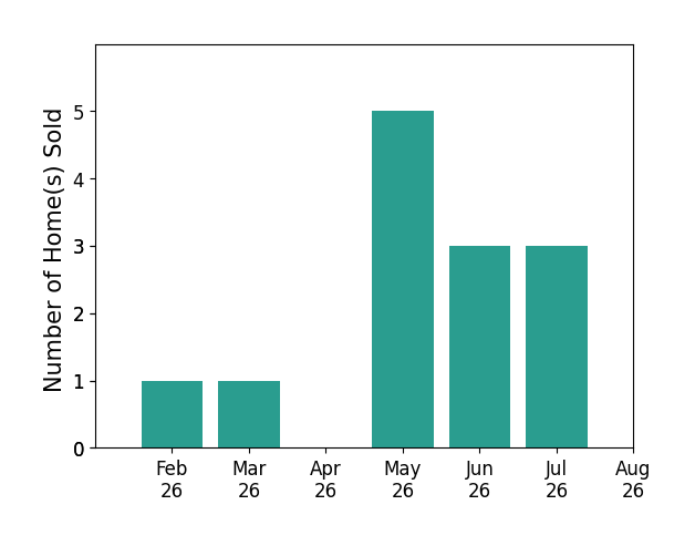 Mike Carruthers sold 1 home in February 2026, 1 home in March 2026, 5 homes in May 2026, 3 homes in June 2026, 3 homes in July 2026, for a total of 13 homes.