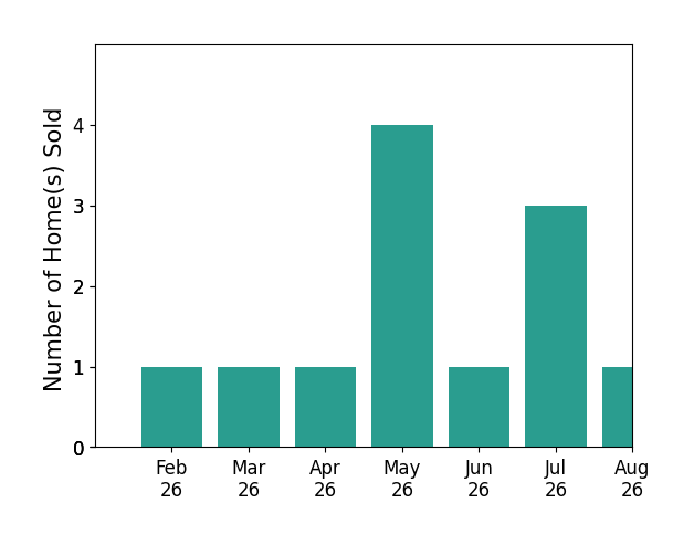 Megan Wilson sold 1 home in February 2026, 1 home in March 2026, 1 home in April 2026, 4 homes in May 2026, 1 home in June 2026, 3 homes in July 2026, 1 home in August 2026, for a total of 12 homes.