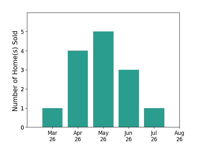 Irina Babb sold 1 home in March 2026, 4 homes in April 2026, 5 homes in May 2026, 3 homes in June 2026, 1 home in July 2026, for a total of 14 homes.