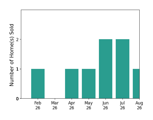 Amy Steele sold 1 home in February 2026, 1 home in April 2026, 1 home in May 2026, 2 homes in June 2026, 2 homes in July 2026, 1 home in August 2026, for a total of 8 homes.